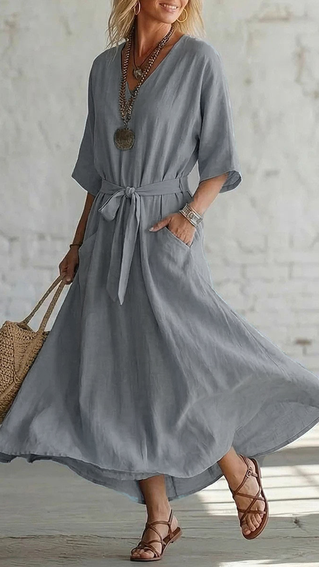 Women's Cotton-Blend V-Neck Waisted Midi Dress