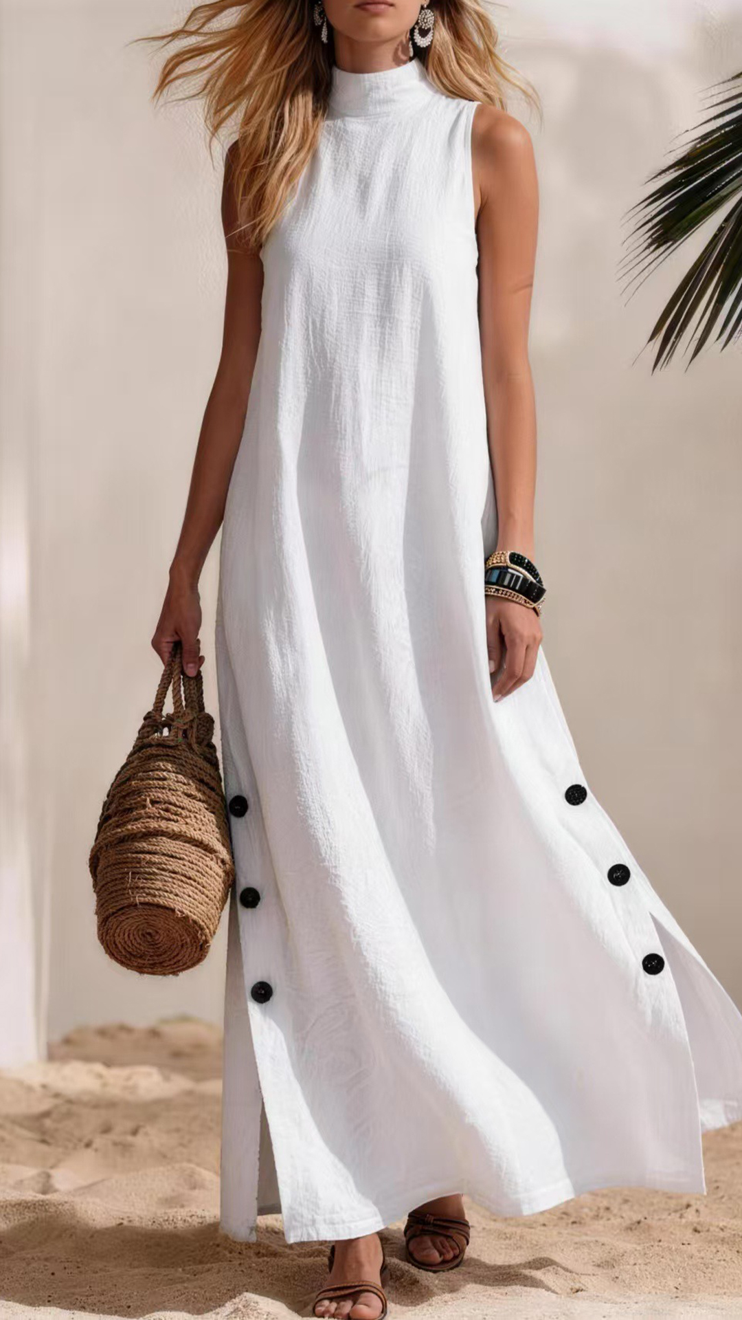 Women's Cotton-Blend High-Neck Sleeveless Slit Maxi Dress