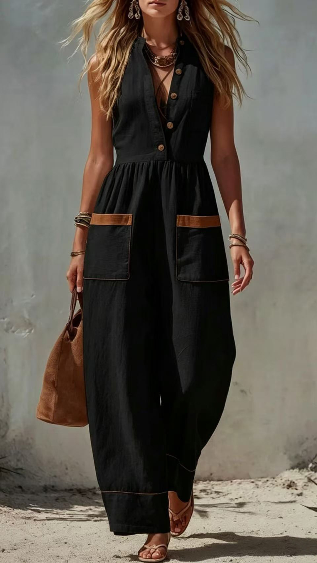 Women's Linen-Cotton Color-Blocked Sleeveless Jumpsuit