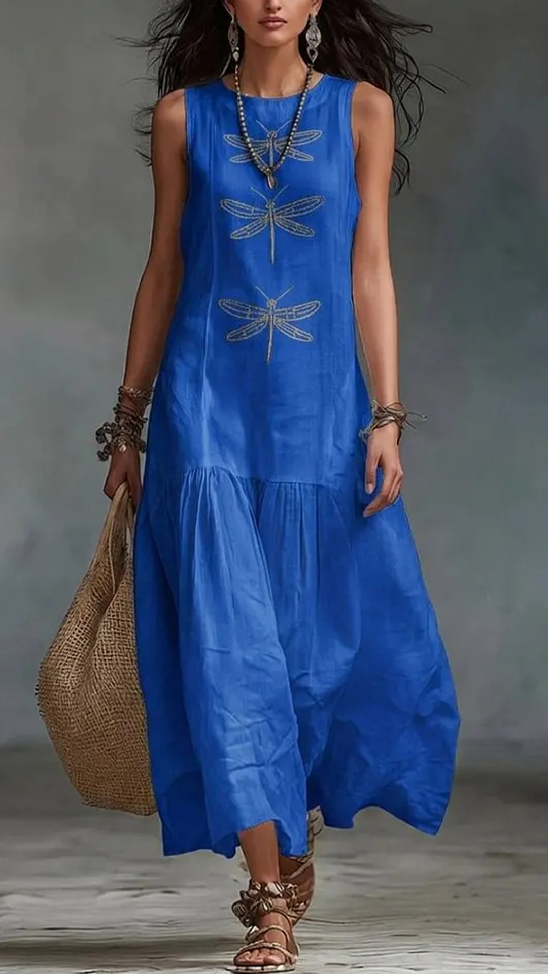 Women's Cotton-Blend Dragonfly Print Sleeveless Maxi Dress
