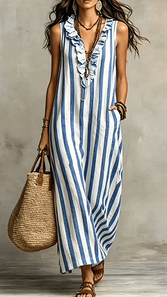 Women's Cotton-Blend Striped Sleeveless Maxi Dress