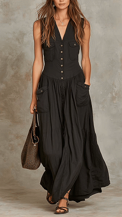 Women's Cotton-Blend Utility-Style Sleeveless Maxi Dress