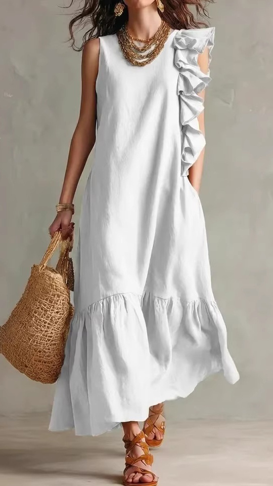 Women's Sleeveless Dress with Asymmetrical Ruffles