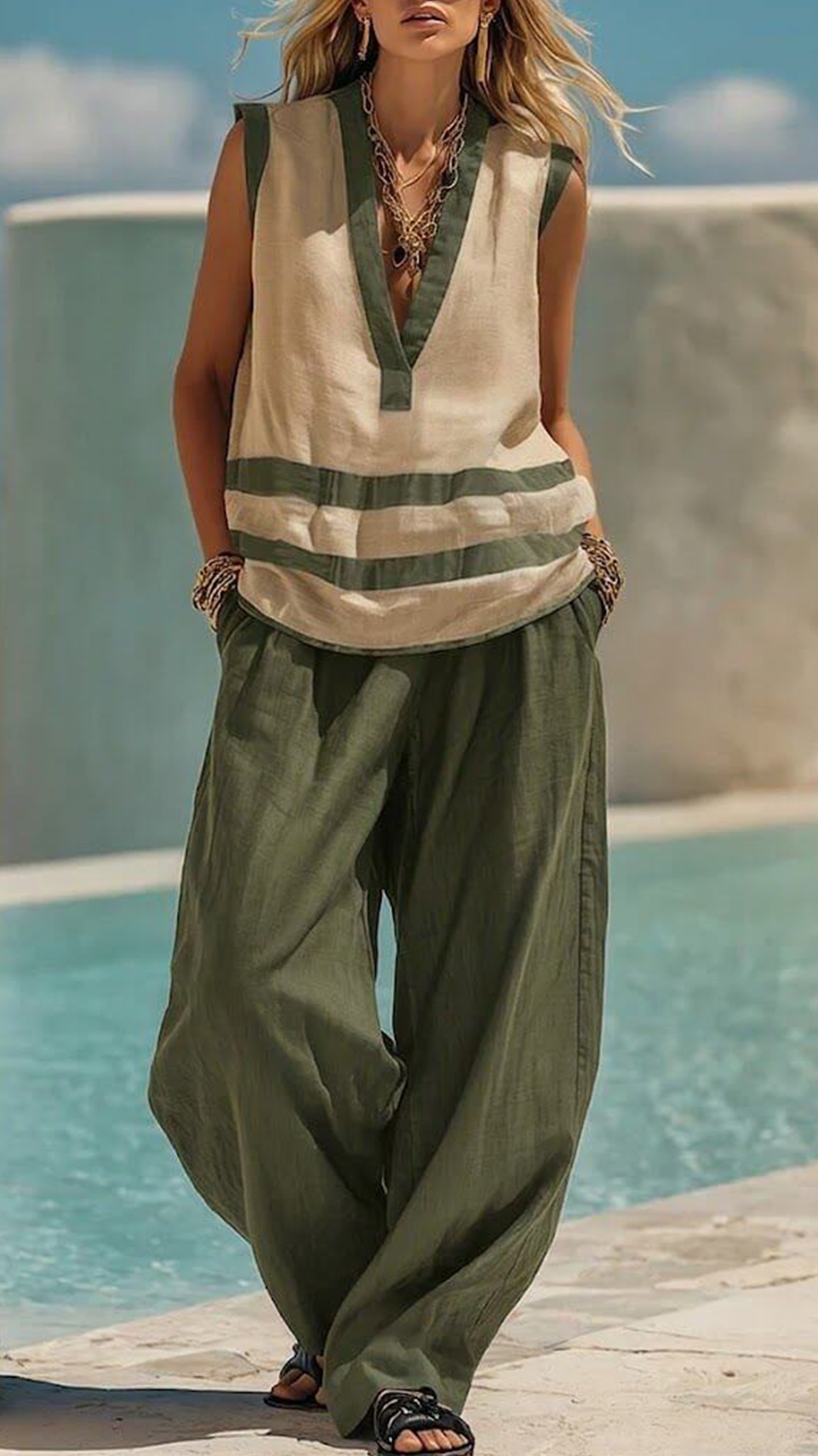 Women's  Color-Block Stripe Cotton-Blend Two-Piece Set