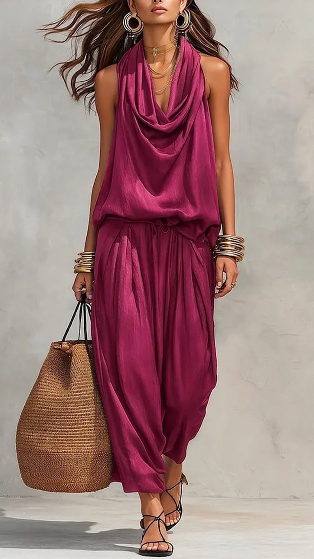 Women's Cotton-Blend Cowl Neck Sleeveless Wide-Leg Pants Set