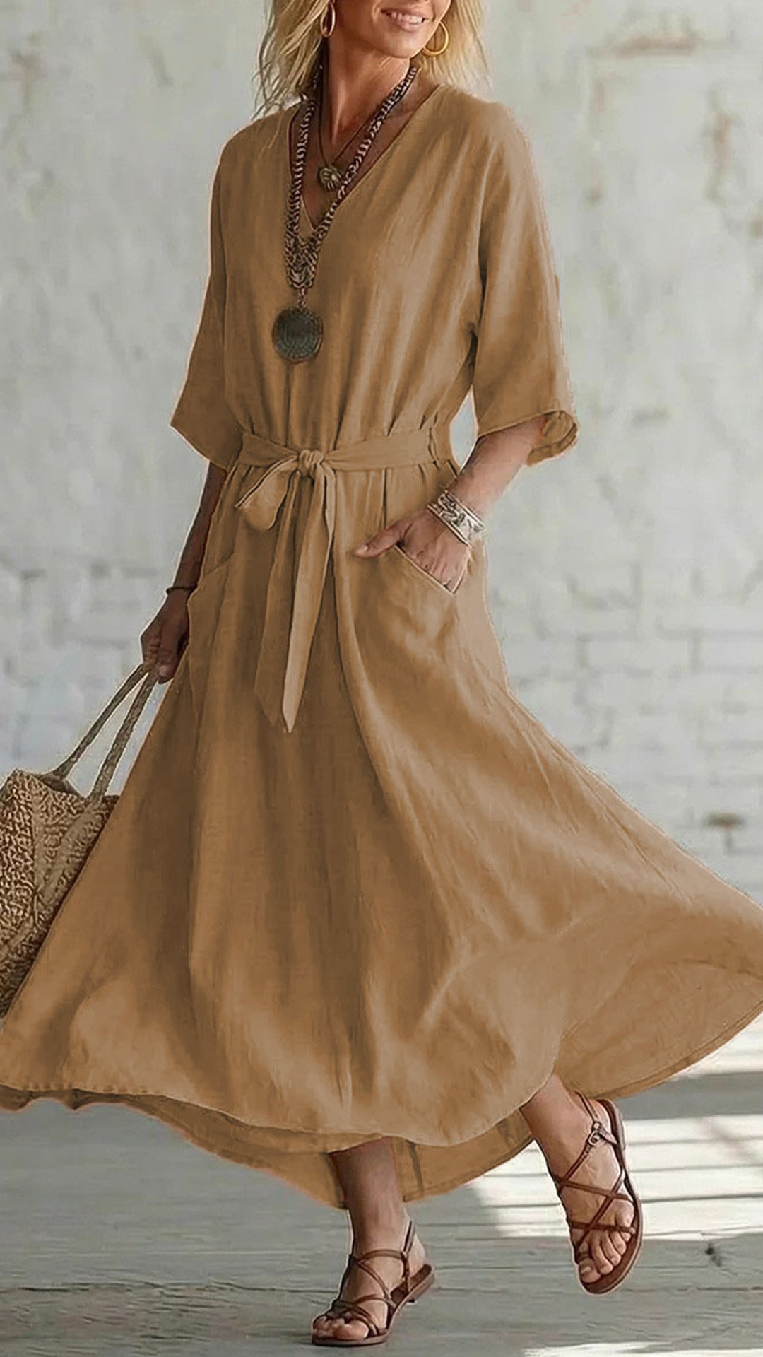 Women's Cotton-Blend V-Neck Waisted Midi Dress