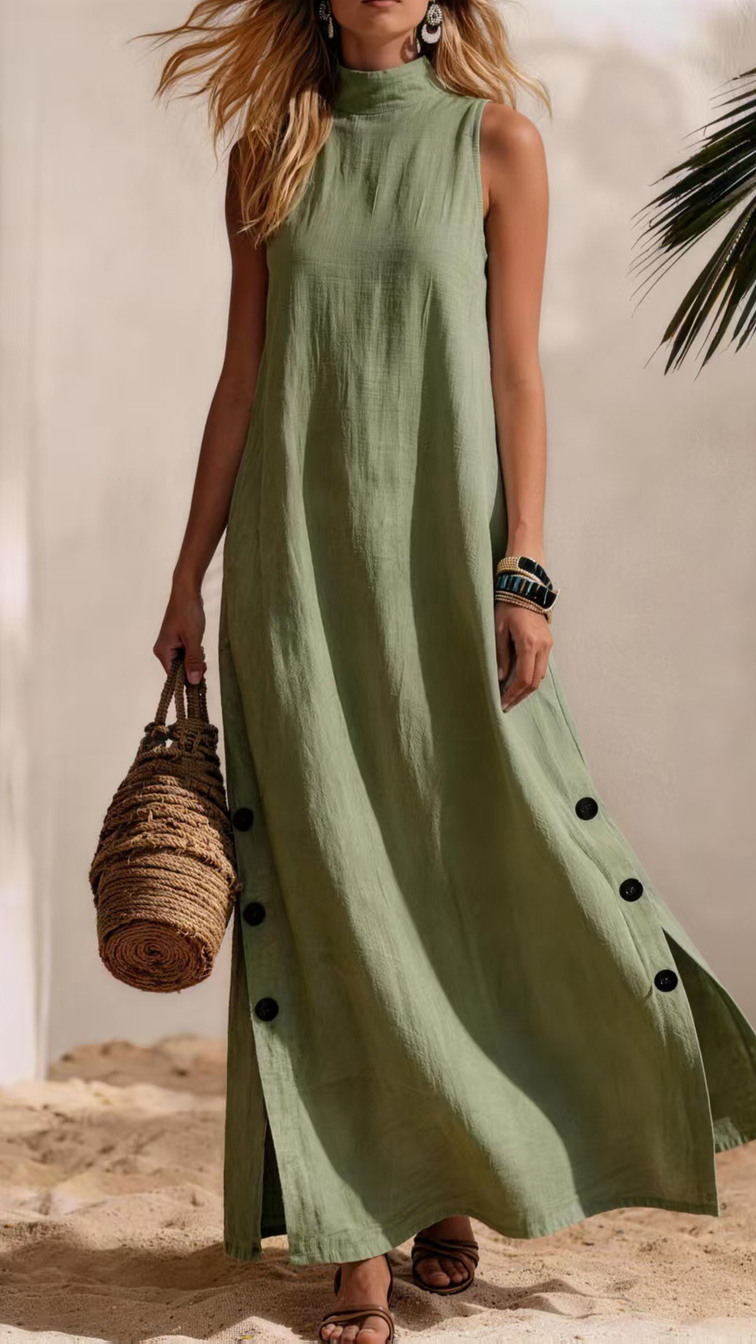 Women's Cotton-Blend High-Neck Sleeveless Slit Maxi Dress
