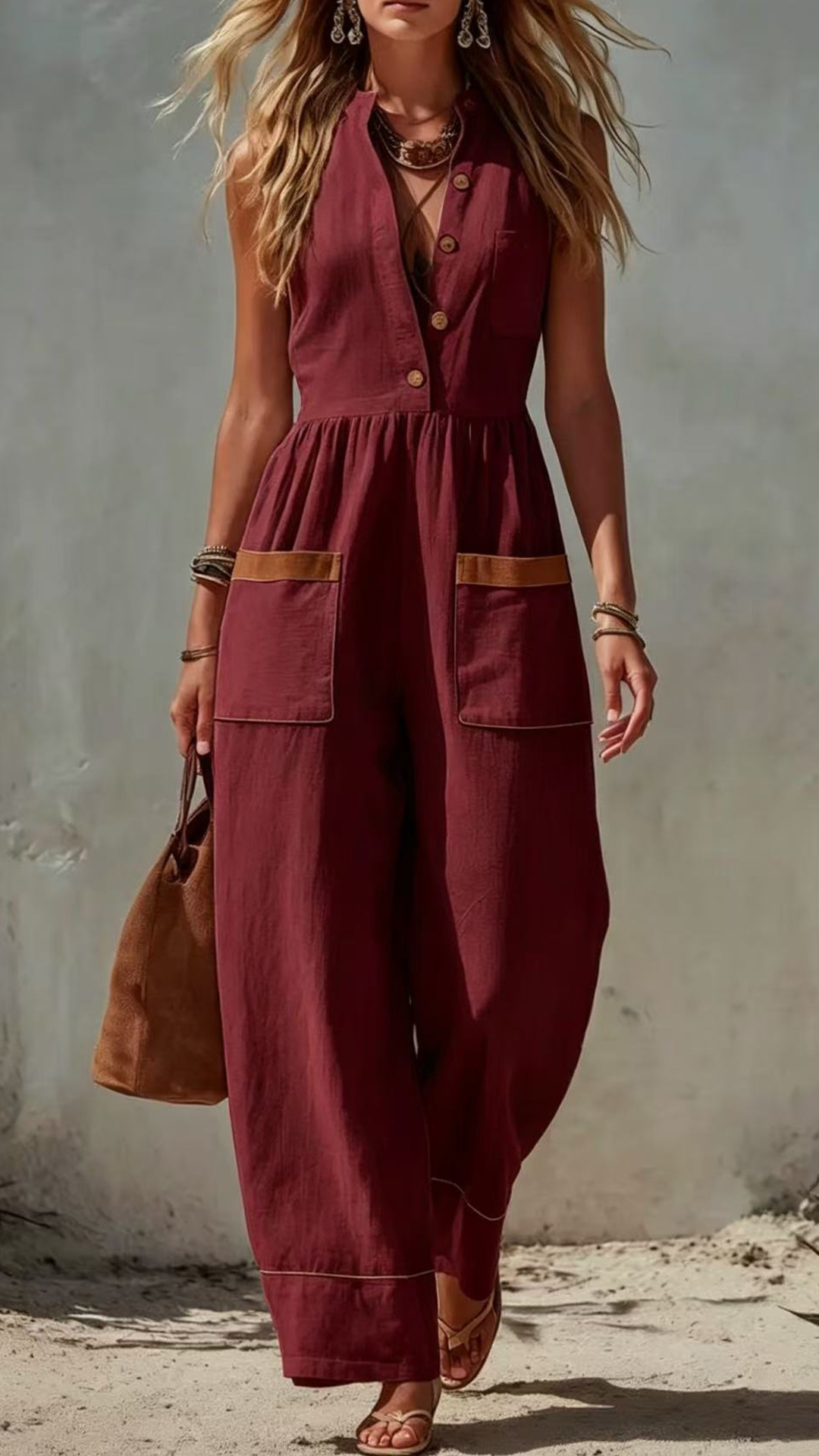 Women's Linen-Cotton Color-Blocked Sleeveless Jumpsuit