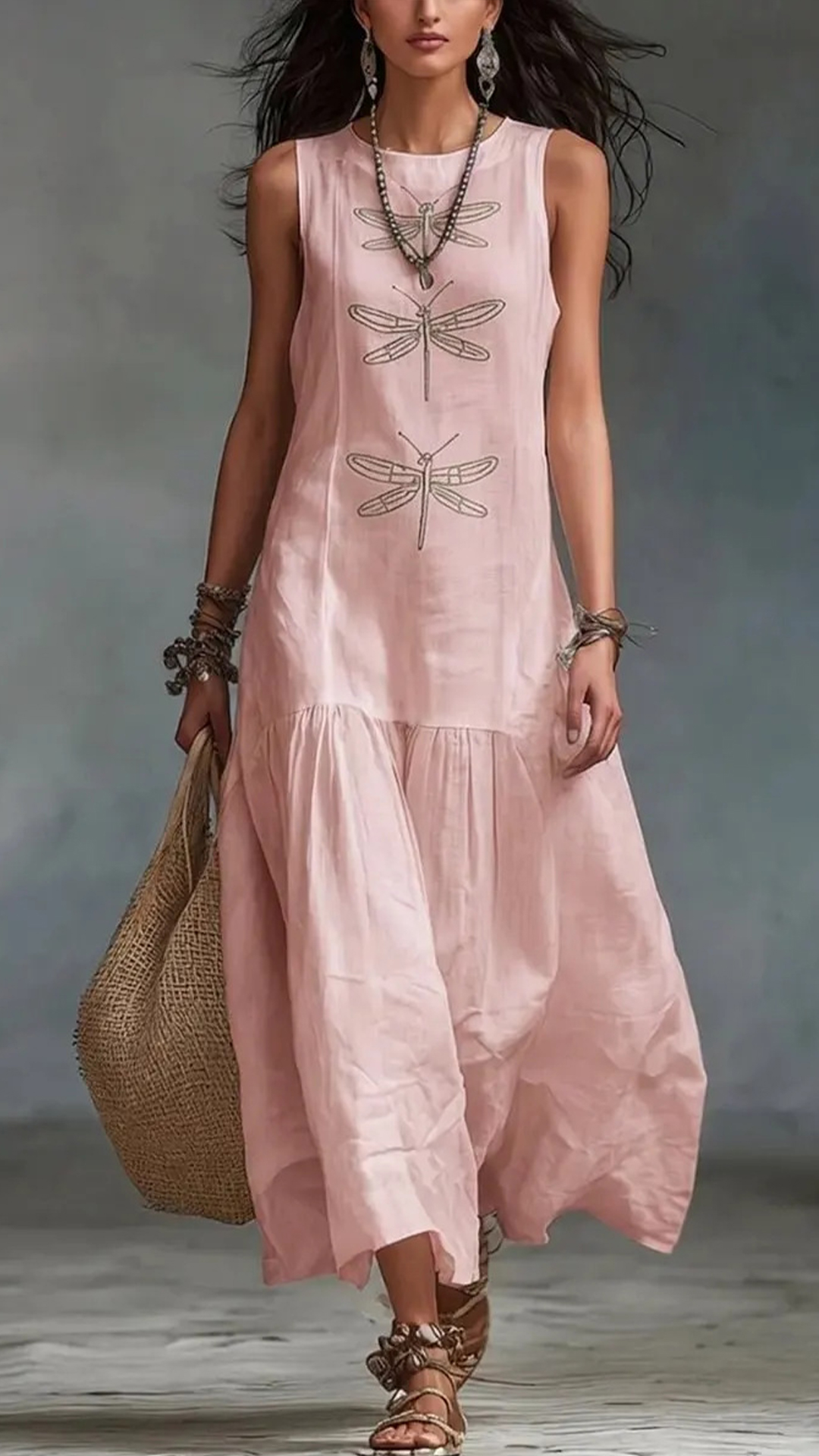 Women's Cotton-Blend Dragonfly Print Sleeveless Maxi Dress