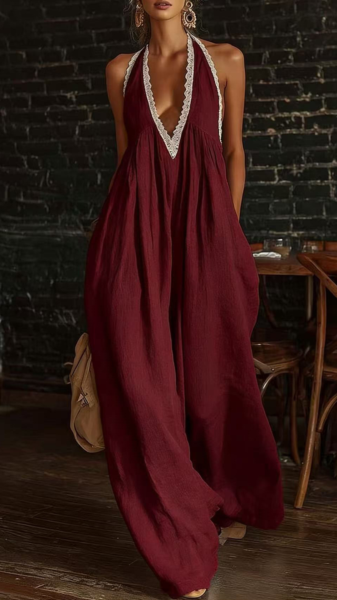 Women's Linen-Cotton Lace Halter Wide-Leg Jumpsuit