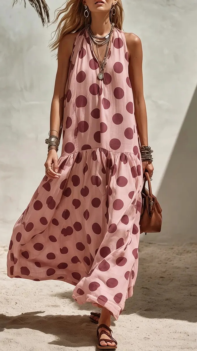 Women's Elegant Polka-Dot Sleeveless Loose-Fit Dress