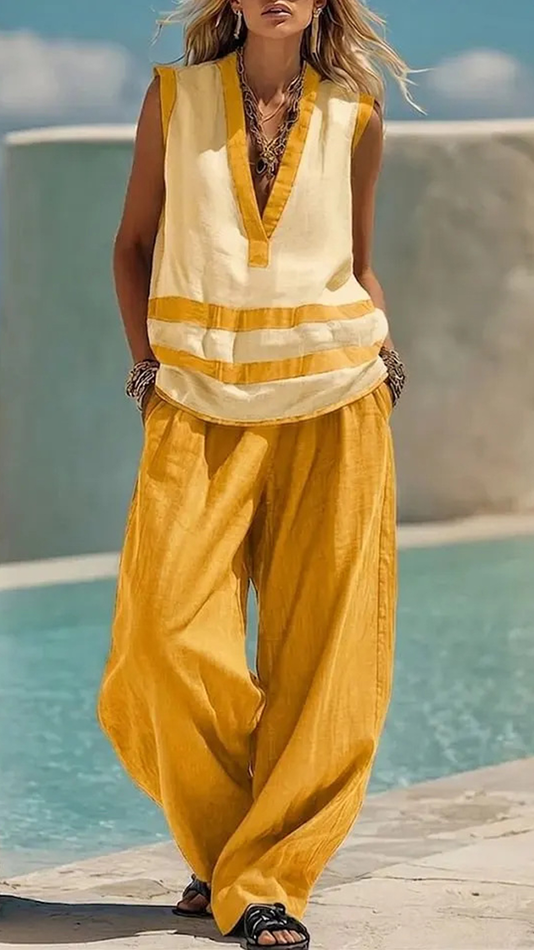 Women's  Color-Block Stripe Cotton-Blend Two-Piece Set