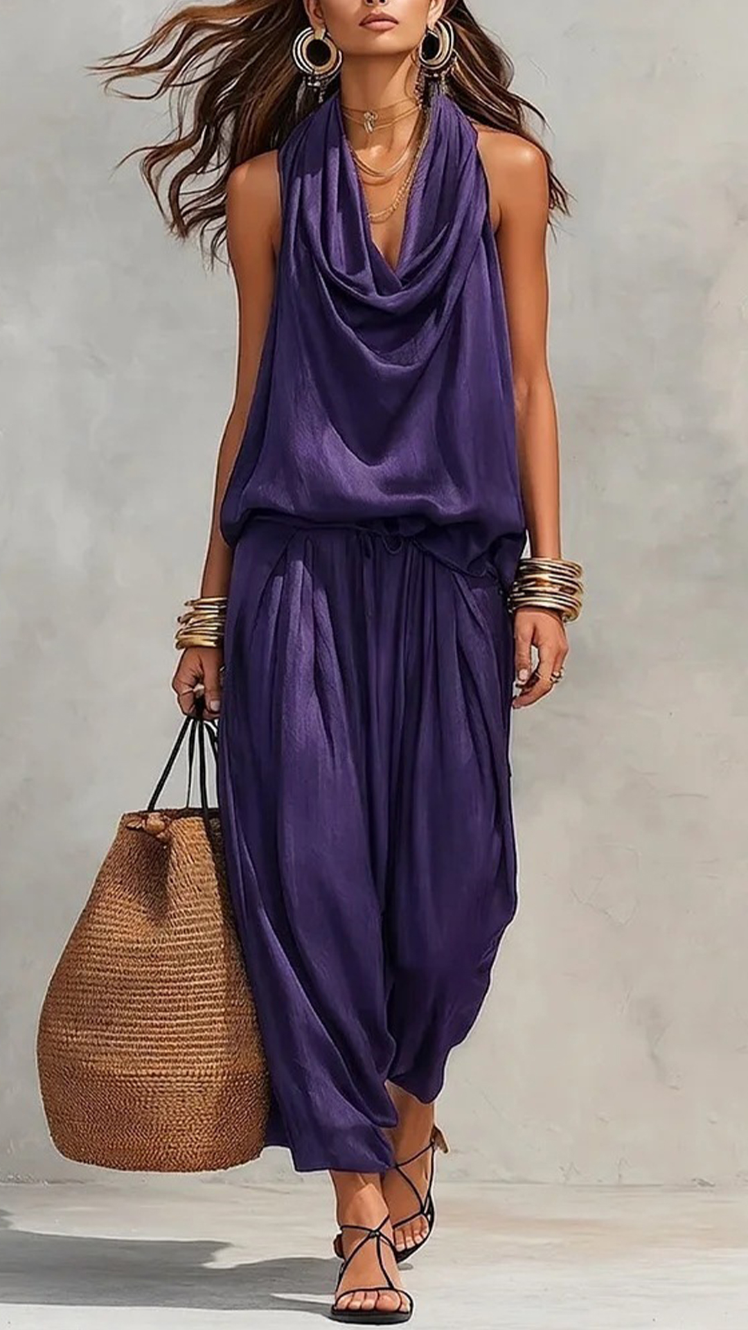 Women's Cotton-Blend Cowl Neck Sleeveless Wide-Leg Pants Set