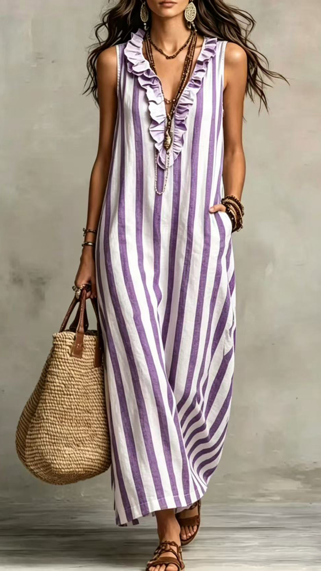 Women's Cotton-Blend Striped Sleeveless Maxi Dress