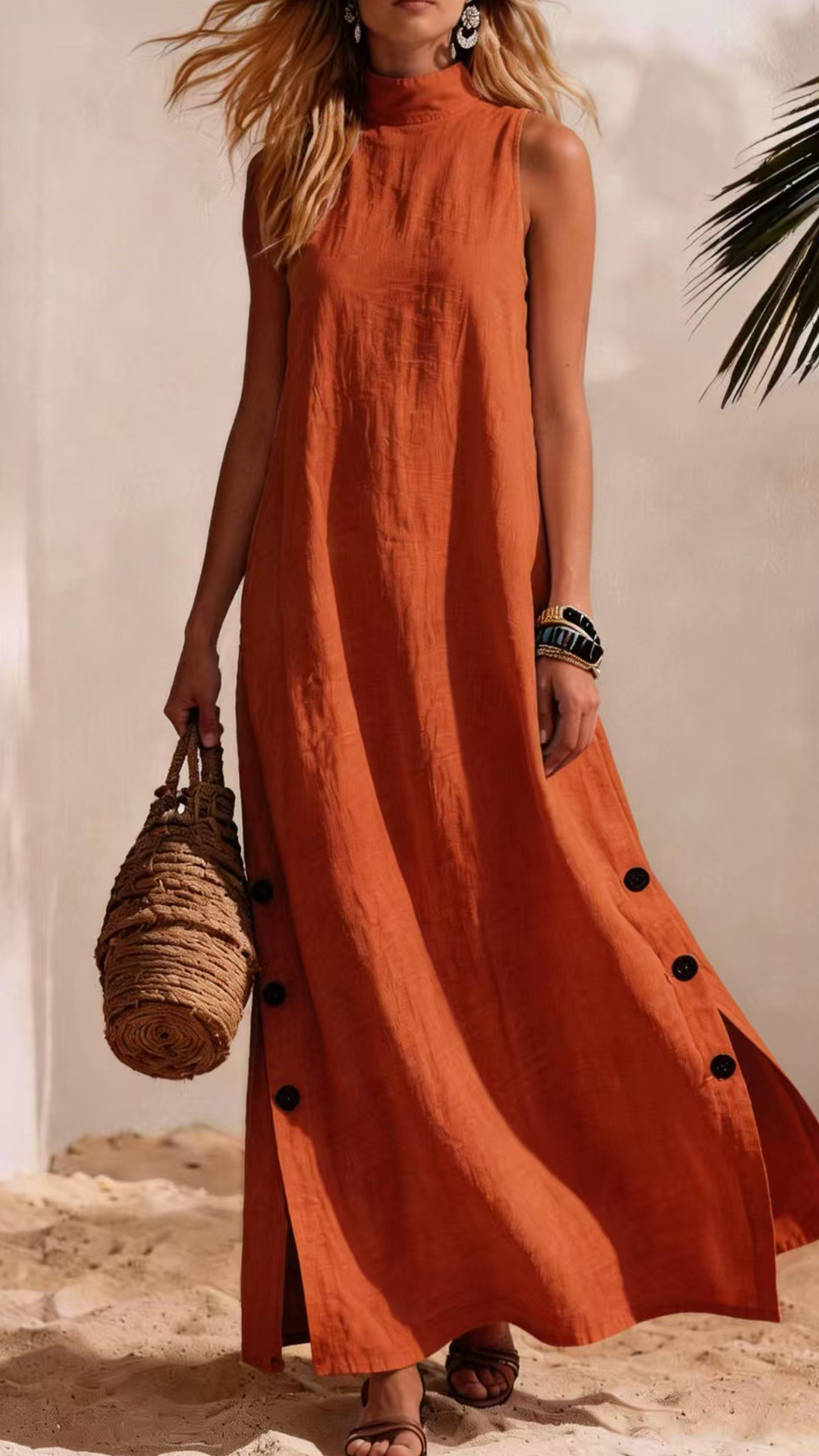 Women's Cotton-Blend High-Neck Sleeveless Slit Maxi Dress