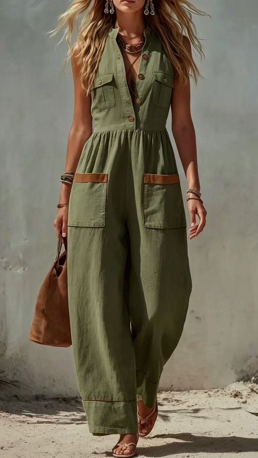 Women's Linen-Cotton Color-Blocked Sleeveless Jumpsuit