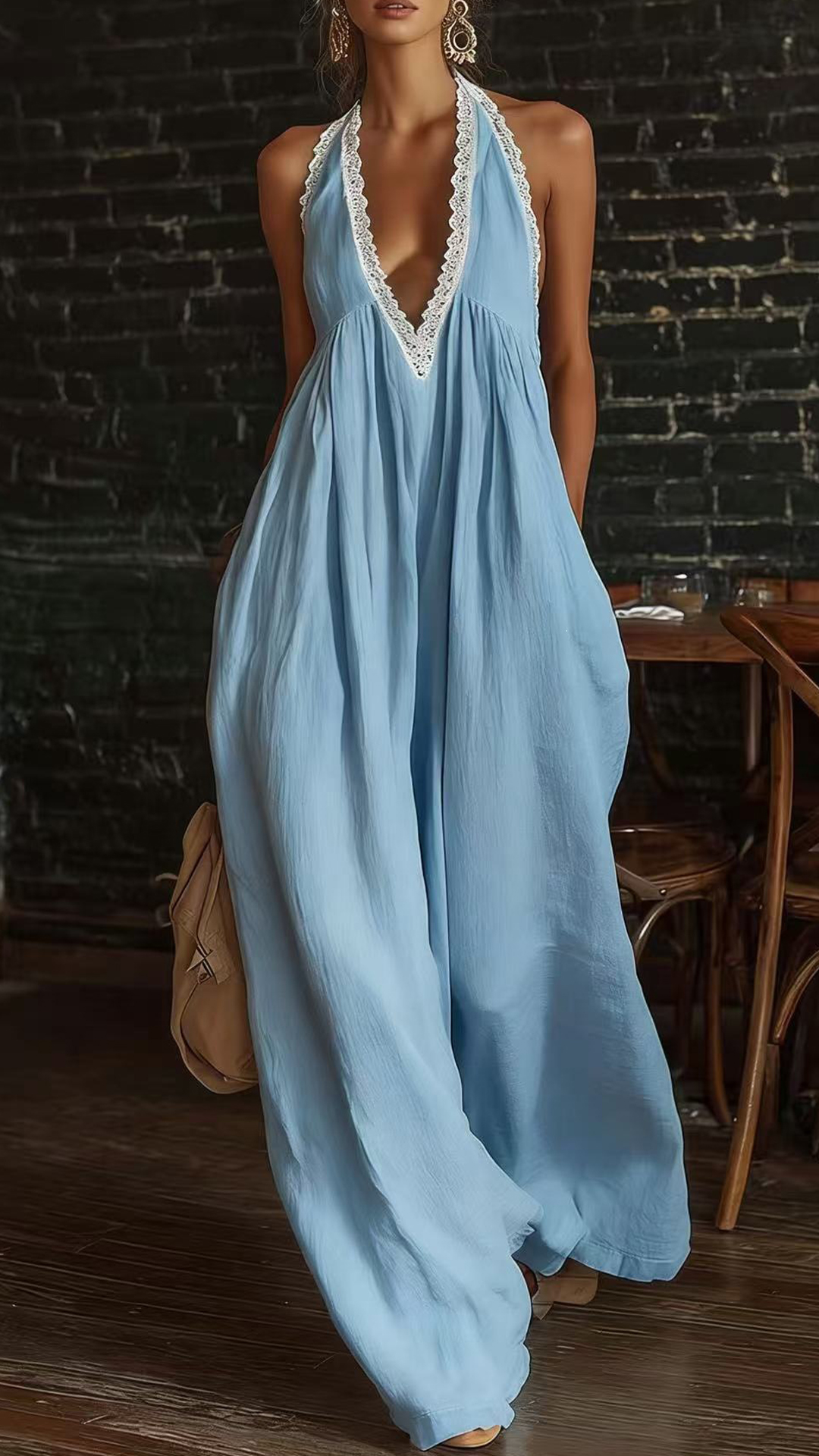 Women's Linen-Cotton Lace Halter Wide-Leg Jumpsuit