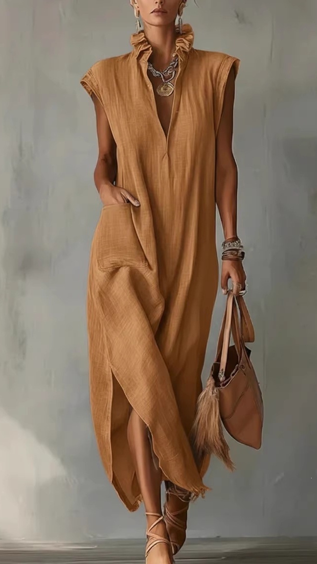 Women's Cotton-Linen Sleeveless Solid-Color Loose-Fit V-Neck Dress
