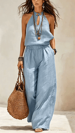 Women's Stylish Cotton-Linen Sleeveless Halter Jumpsuit