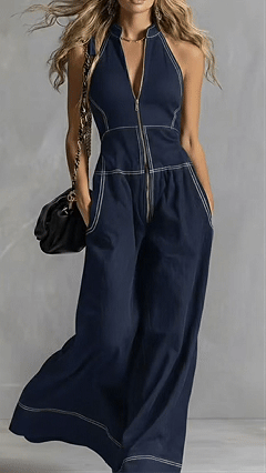 Women's Stylish & Elegant Sleeveless Wide-Leg Jumpsuit with Front Zipper