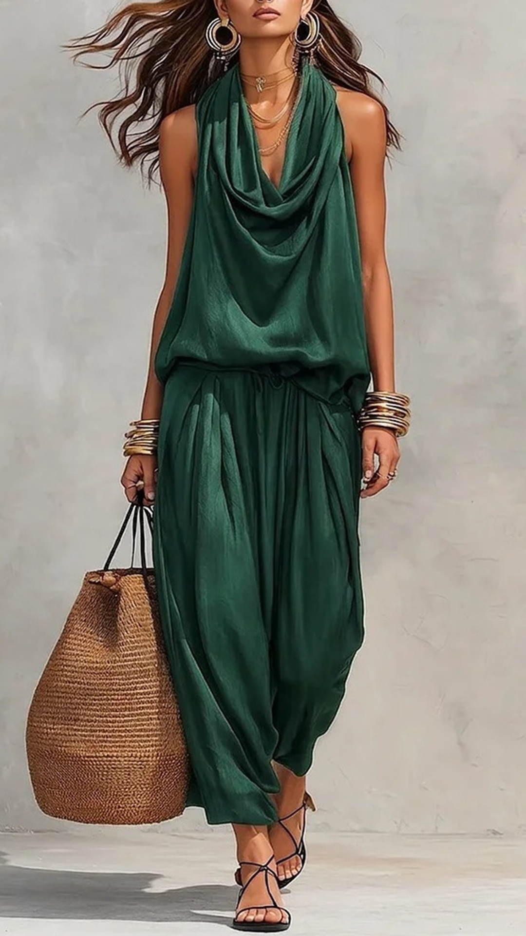 Women's Cotton-Blend Cowl Neck Sleeveless Wide-Leg Pants Set