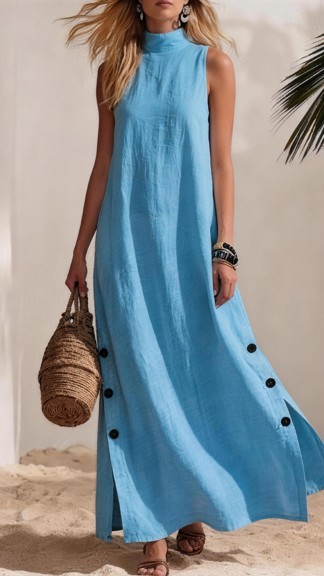 Women's Cotton-Blend High-Neck Sleeveless Slit Maxi Dress