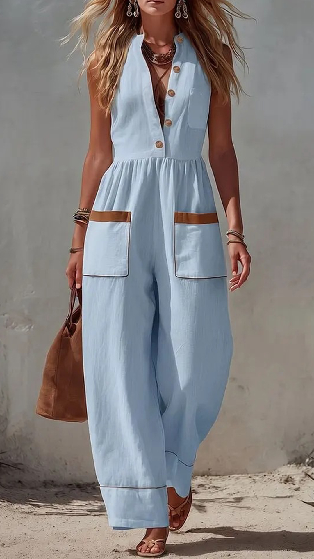 Women's Linen-Cotton Color-Blocked Sleeveless Jumpsuit