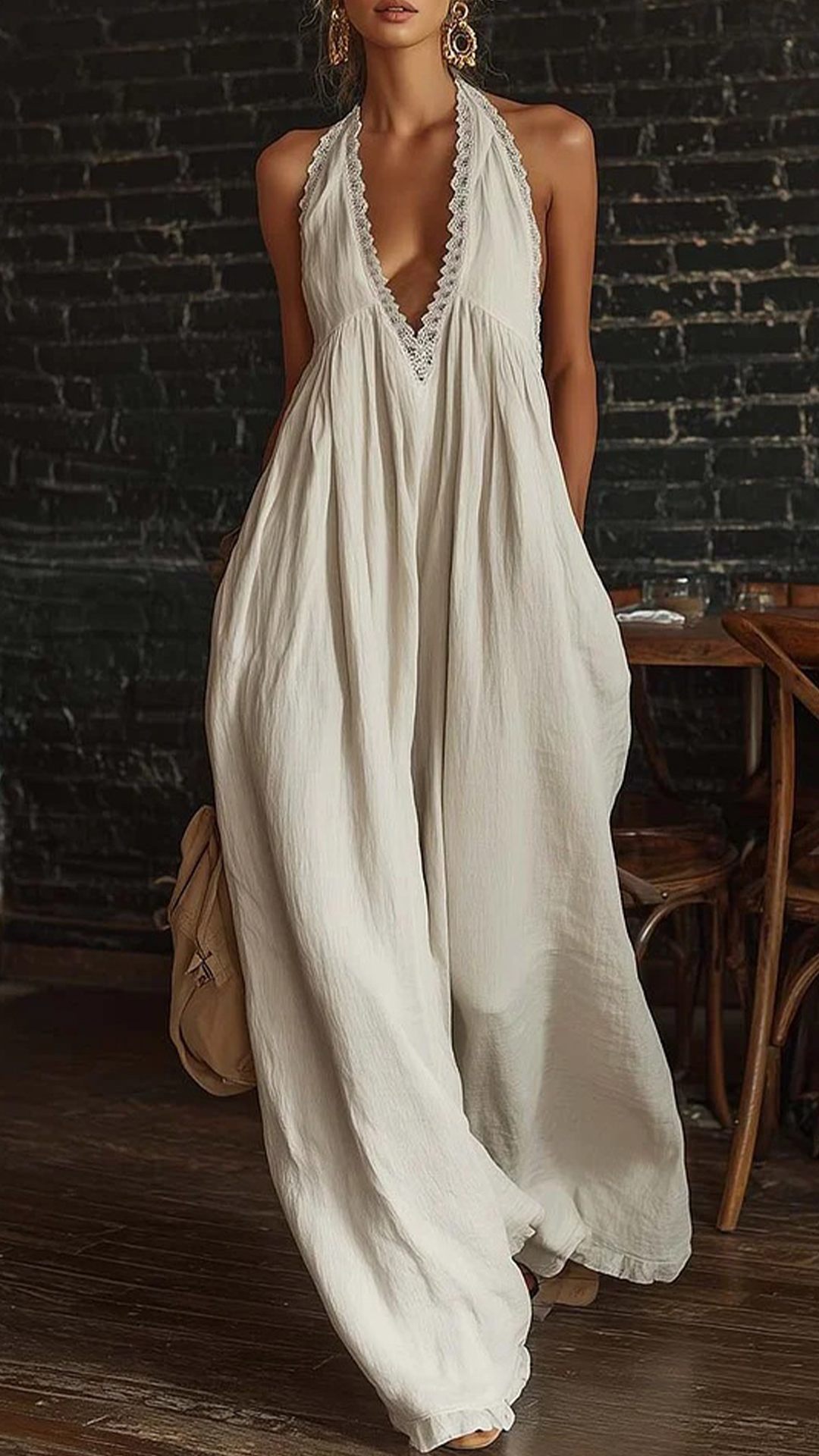 Women's Linen-Cotton Lace Halter Wide-Leg Jumpsuit