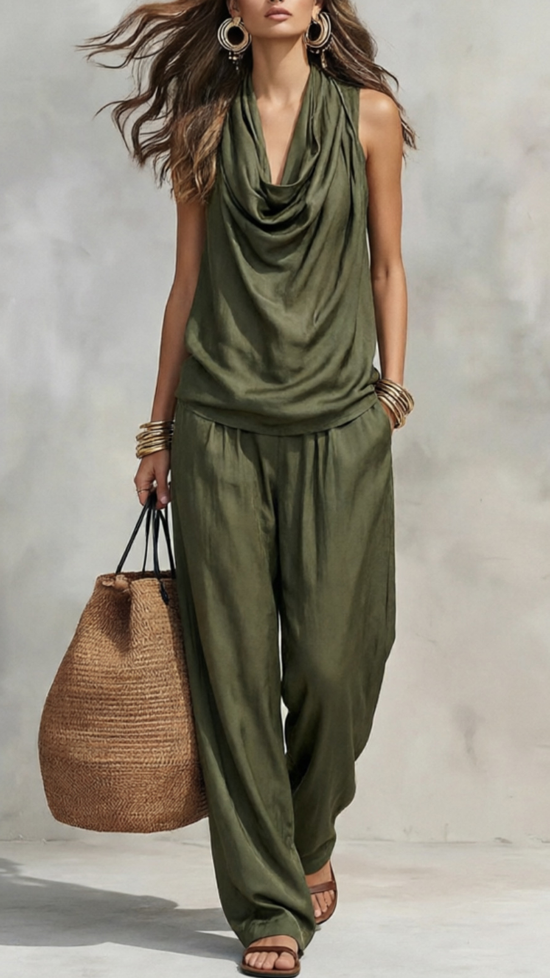 Women's Cotton-Blend Cowl Neck Sleeveless Wide-Leg Pants Set