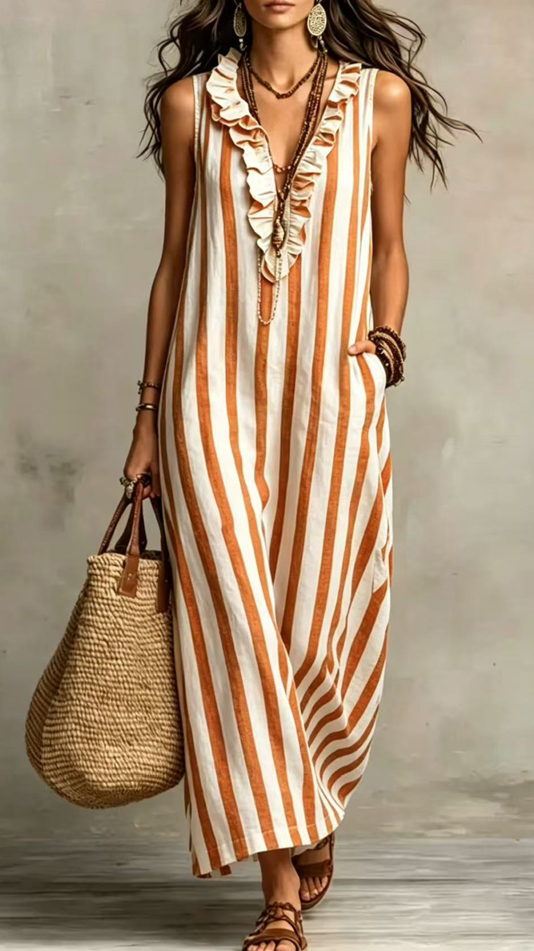 Women's Cotton-Blend Striped Sleeveless Maxi Dress