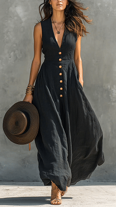 Women's Cotton-Blend V-Neck Sleeveless Button-Down Maxi Dress