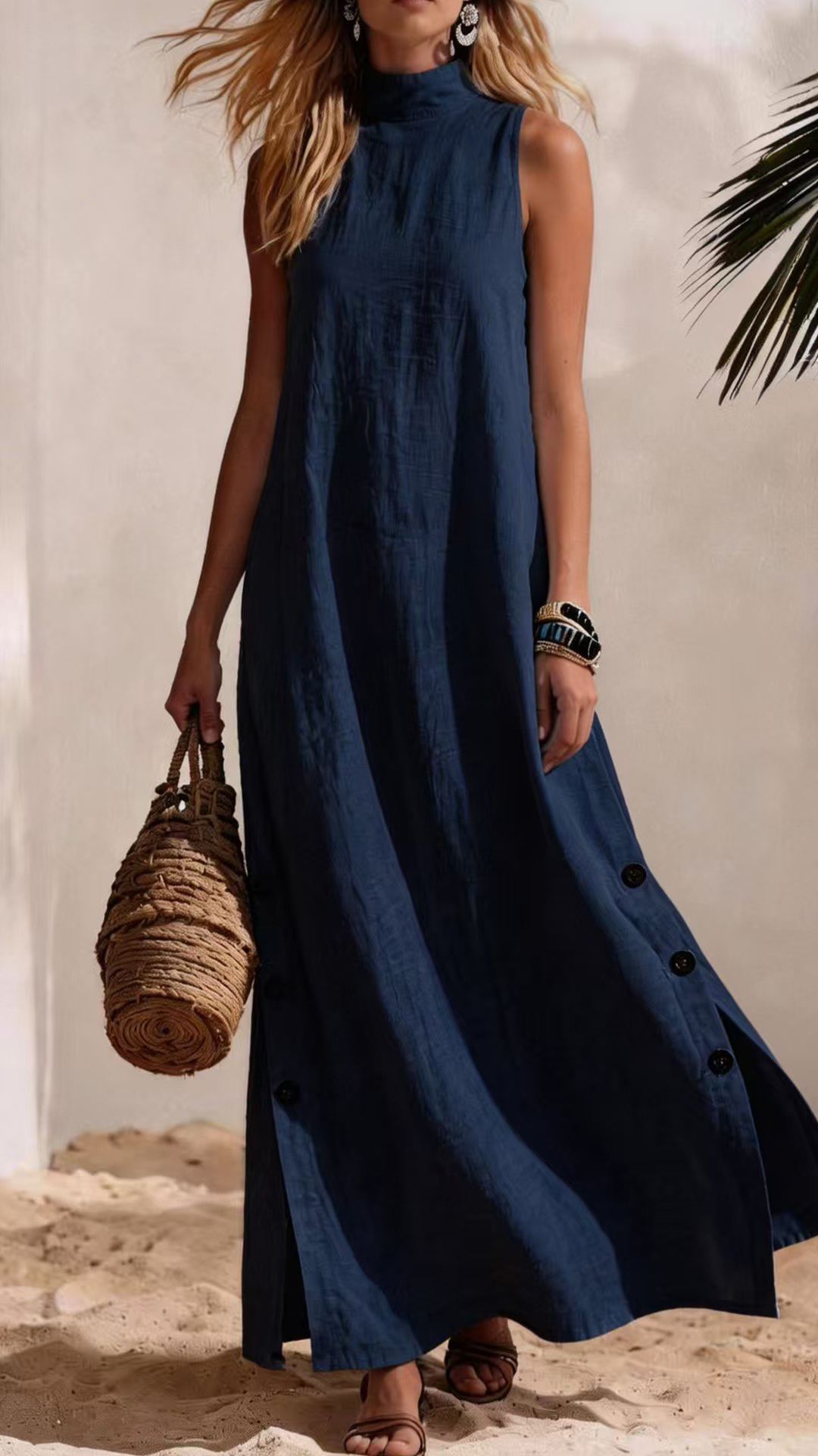 Women's Cotton-Blend High-Neck Sleeveless Slit Maxi Dress
