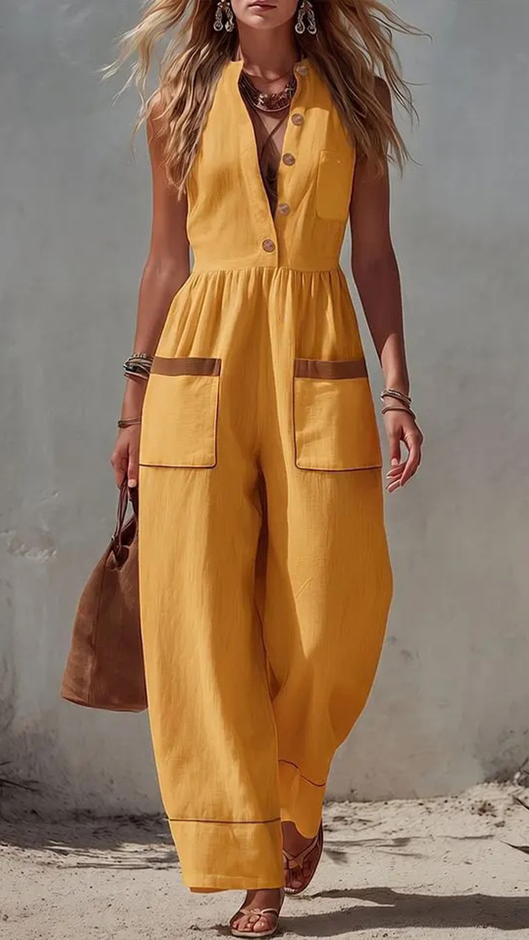 Women's Linen-Cotton Color-Blocked Sleeveless Jumpsuit