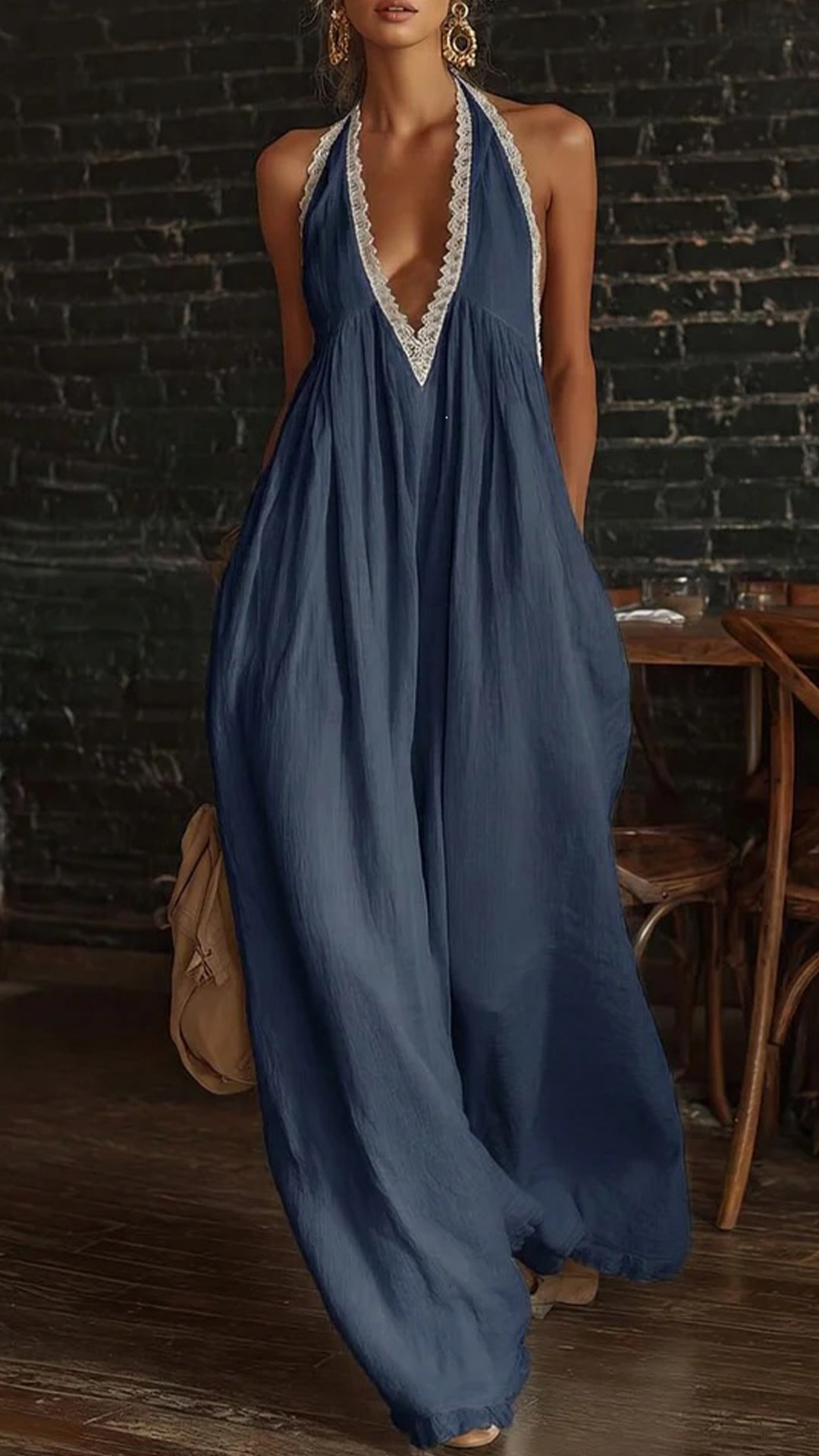 Women's Linen-Cotton Lace Halter Wide-Leg Jumpsuit
