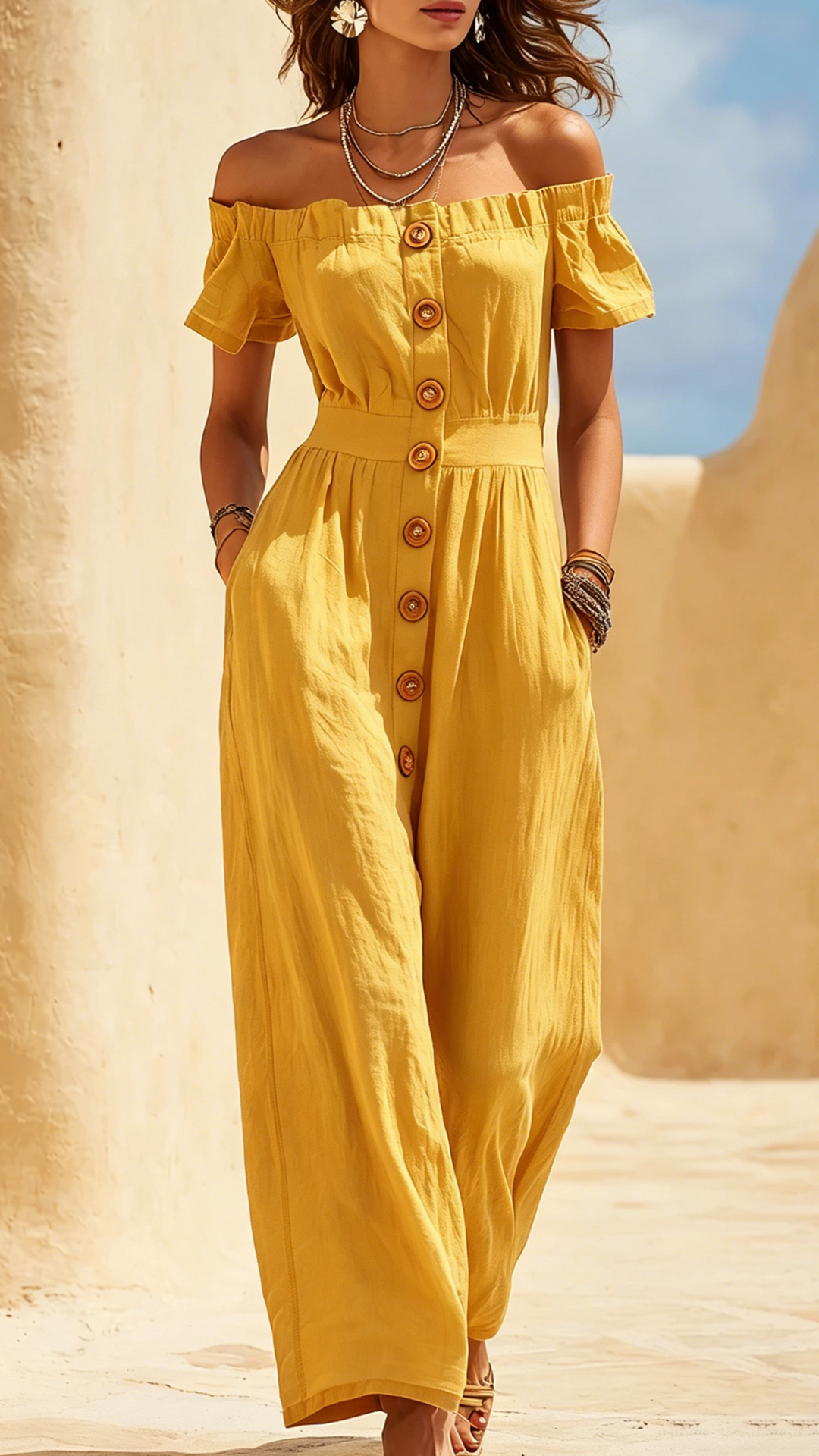 Women's Cotton‑blend Off‑the‑Shoulder Puff Sleeve Waist‑cinched Jumpsuit