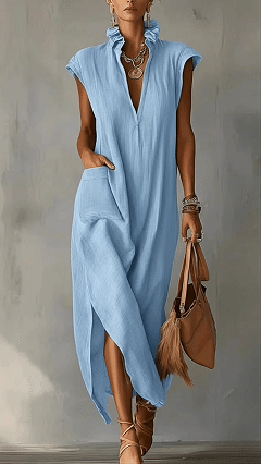 Women's Cotton-Linen Sleeveless Solid-Color Loose-Fit V-Neck Dress