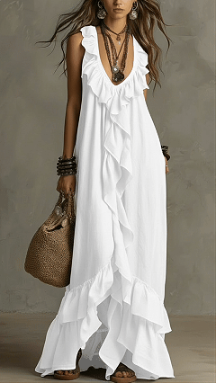 Women's Casual Bohemian V-Neck Short-Sleeve Ruffled Vintage Dress