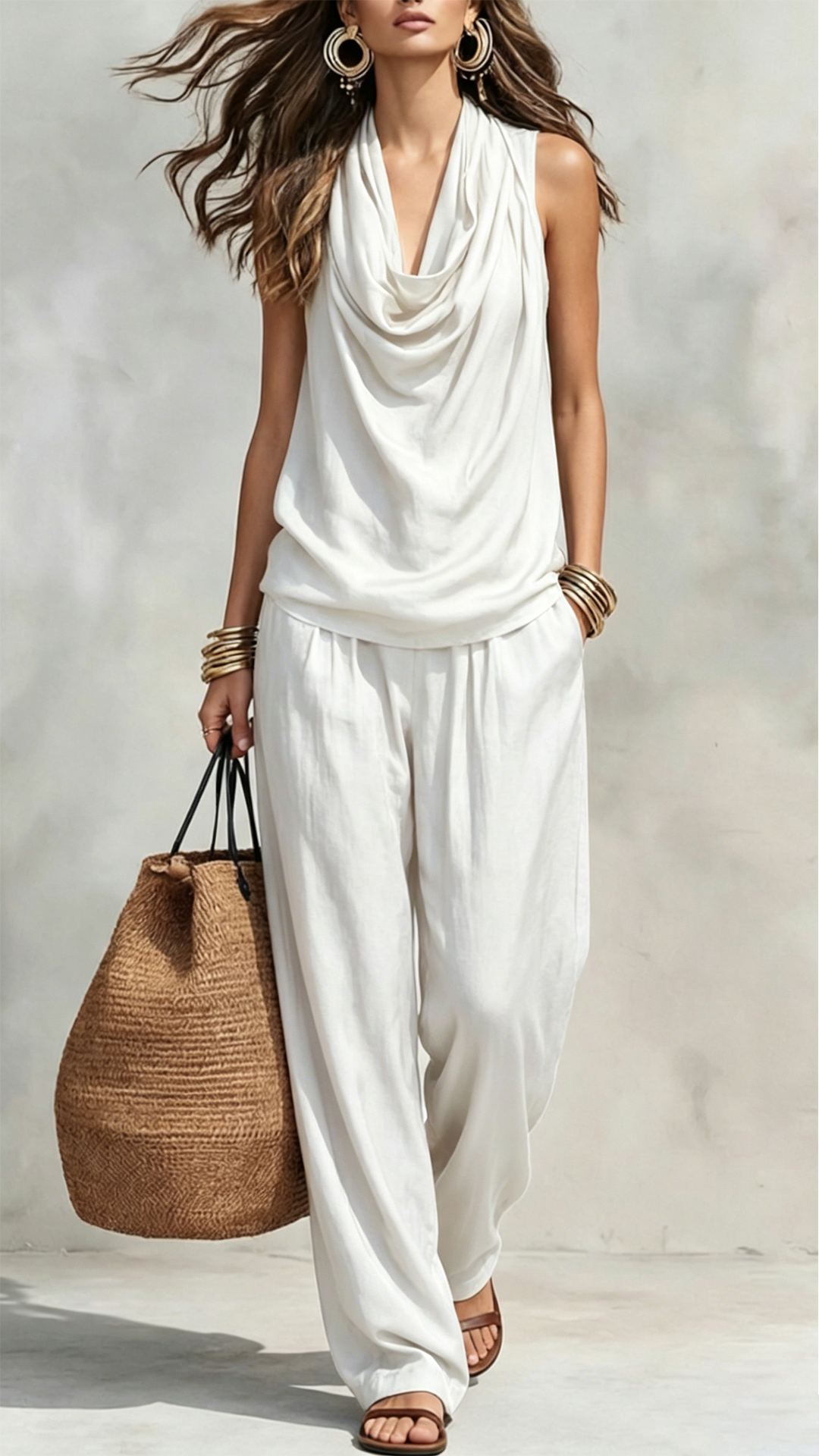 Women's Cotton-Blend Cowl Neck Sleeveless Wide-Leg Pants Set