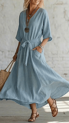 Women's Cotton-Blend V-Neck Waisted Midi Dress