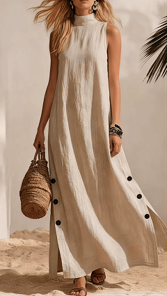 Women's Cotton-Blend High-Neck Sleeveless Slit Maxi Dress