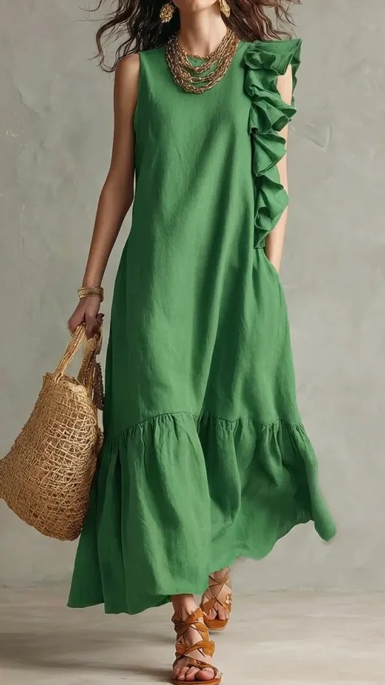 Women's Sleeveless Dress with Asymmetrical Ruffles