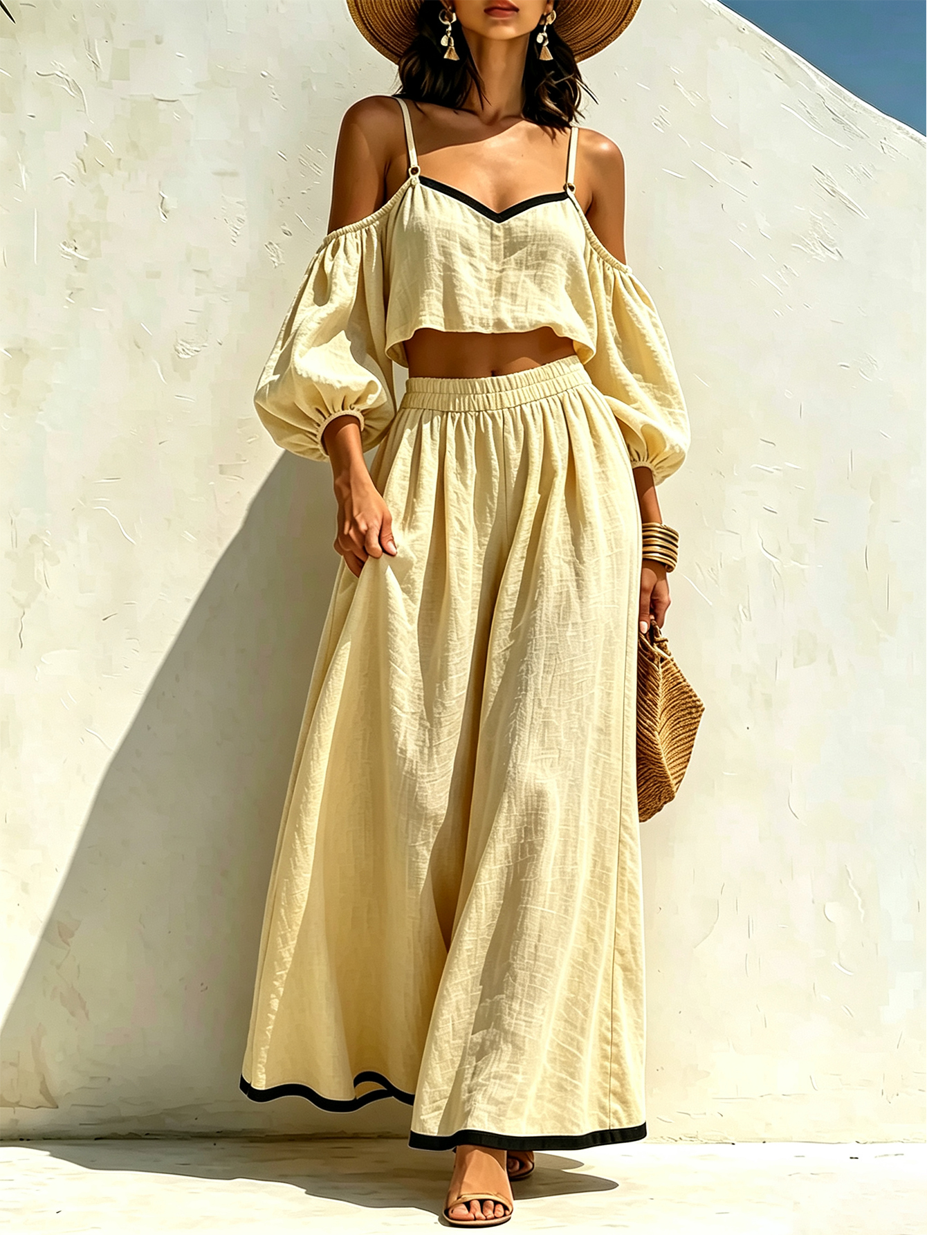 Women’s Linen Cotton Two-Piece Set, Off-Shoulder Puff Sleeve Crop Top & Wide Leg Pants, Casual Summer Outfit