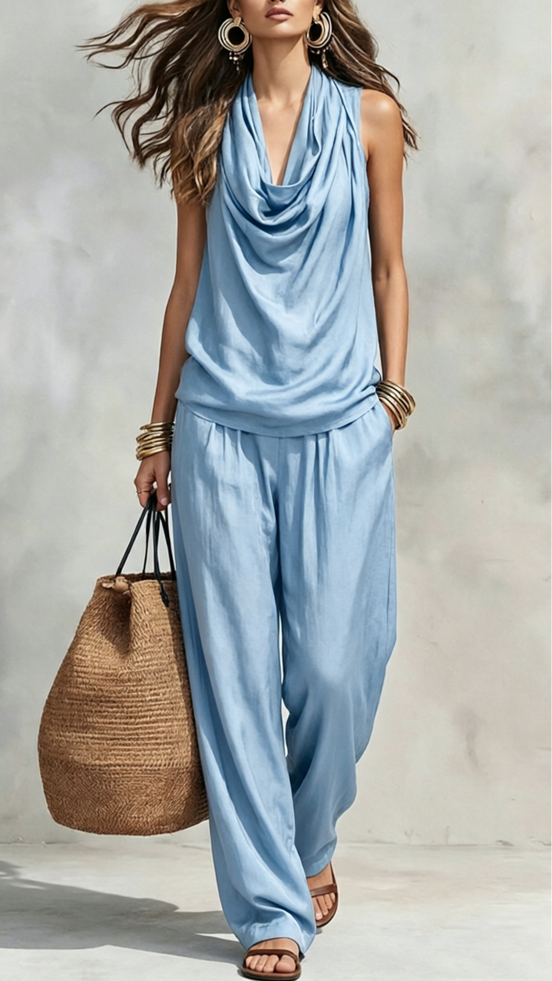 Women's Cotton-Blend Cowl Neck Sleeveless Wide-Leg Pants Set