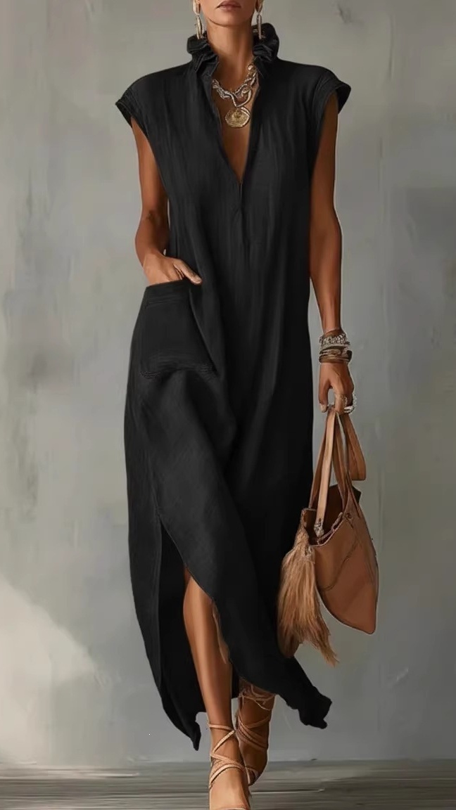 Women's Cotton-Linen Sleeveless Solid-Color Loose-Fit V-Neck Dress