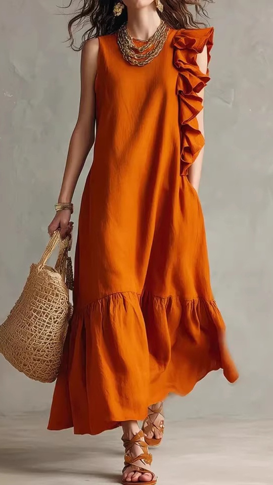 Women's Sleeveless Dress with Asymmetrical Ruffles