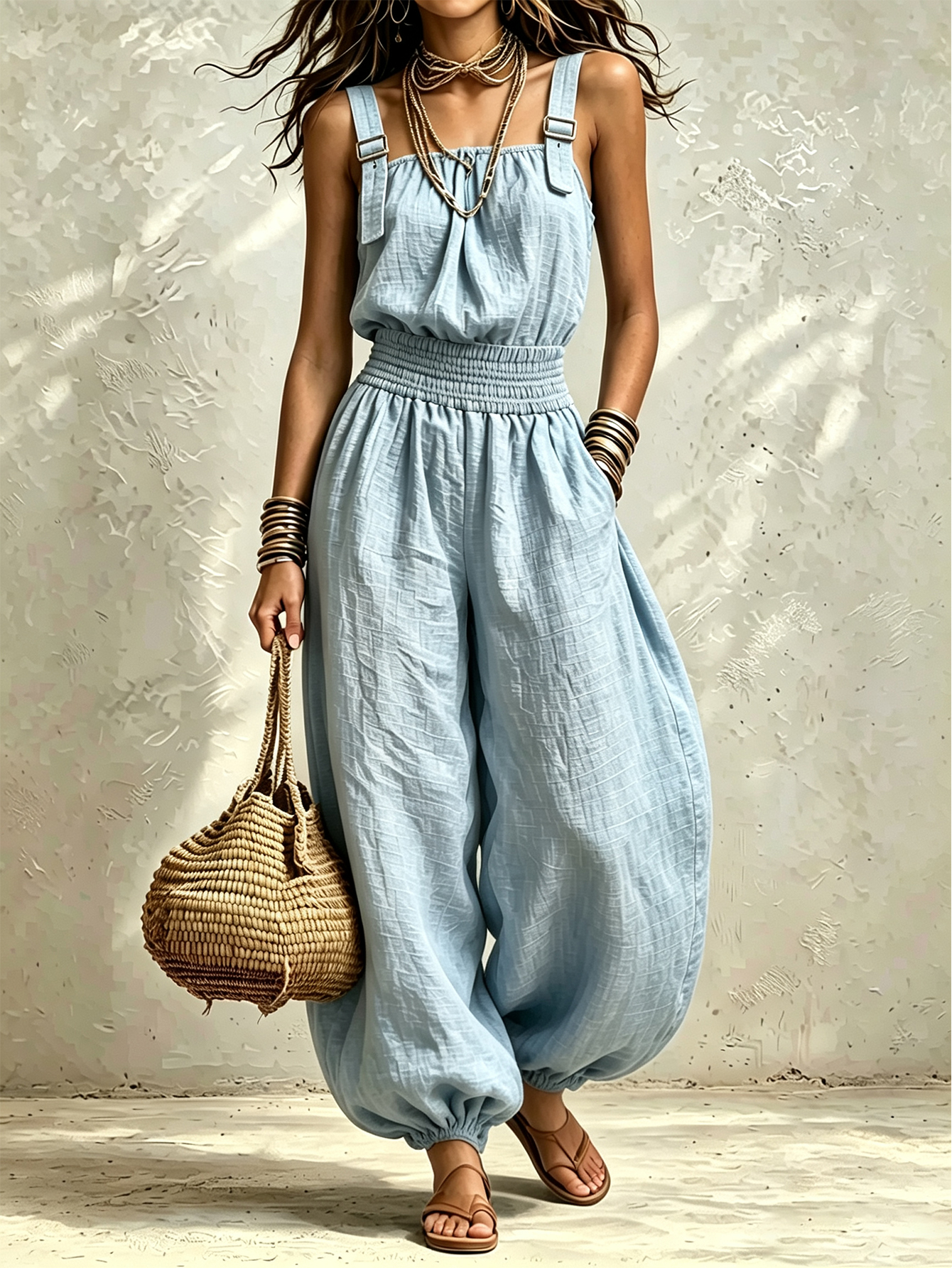 Women’s Linen Cotton Jumpsuit, Sleeveless Harem Pants Romper, Casual  One-Piece Outfit