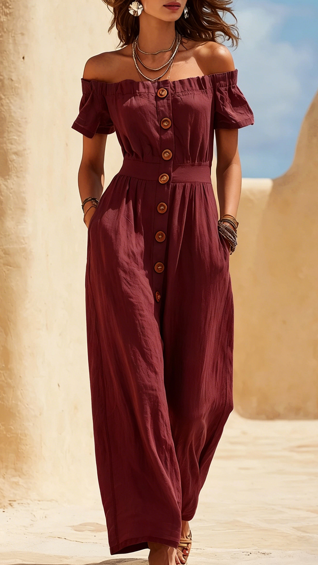 Women's Cotton‑blend Off‑the‑Shoulder Puff Sleeve Waist‑cinched Jumpsuit