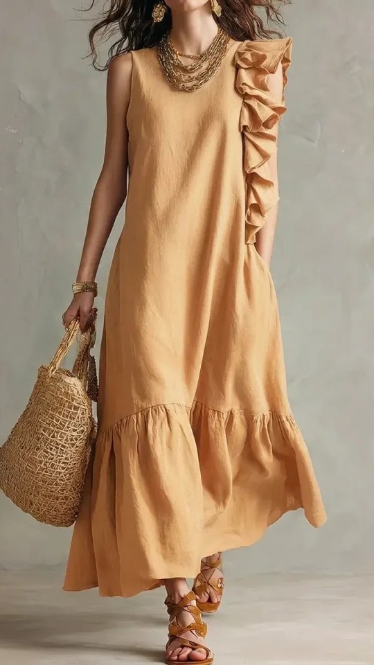 Women's Sleeveless Dress with Asymmetrical Ruffles