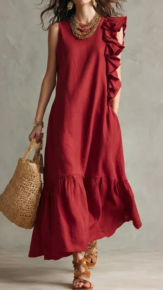 Women's Sleeveless Dress with Asymmetrical Ruffles