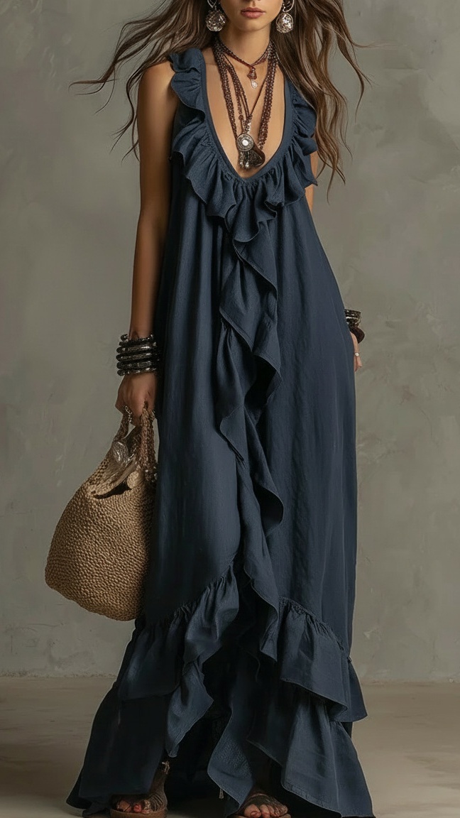 Women's Casual Bohemian V-Neck Short-Sleeve Ruffled Vintage Dress